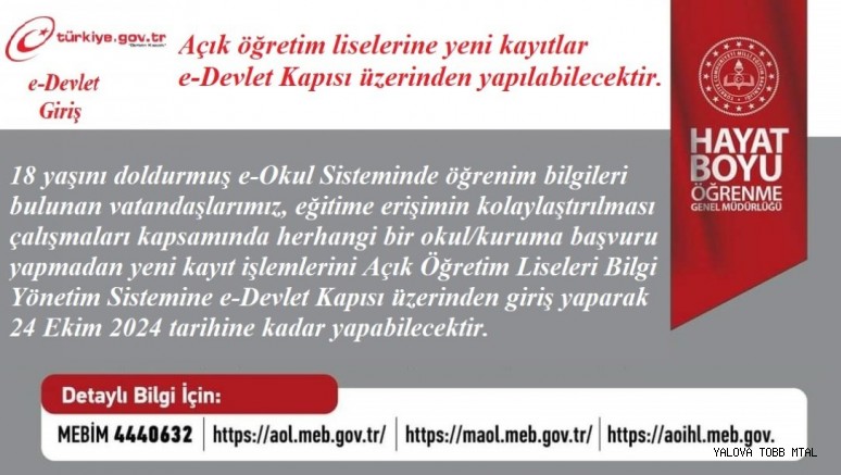 Açık Öğretim Liseleri Yeni Kayıt İşlemleri, e-Devlet Kapısı Üzerinden Yapılabilecek